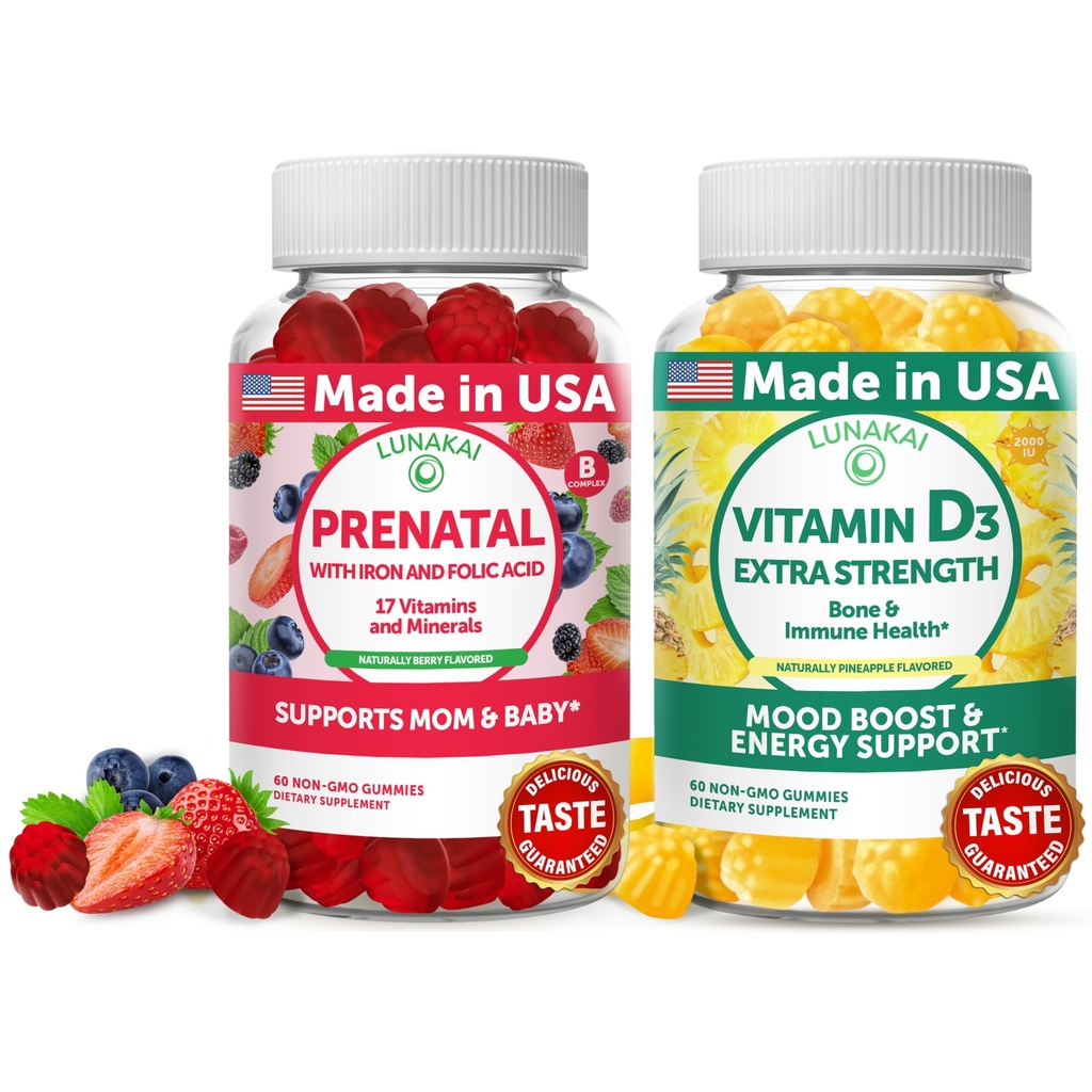Lunakai USA Made 17-in-1 Prenatal Vitamins and Vitamin D3 Gummies Bundle – Delicious Daily Prenatal Gummies for Maternal Wellness Support, 60ct Each