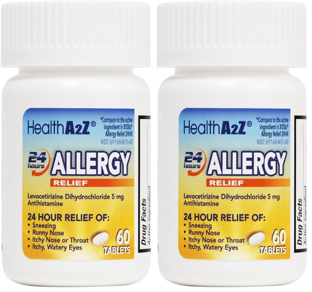HealthA2Z® Allergy Relief | Levocetirizine Dihydrochloride 5mg | 24 Hours | Antihistamine | Relief from Sneezing, Runny Nose, Itchy Nose and Eyes (60 Counts) (Pack of 2)