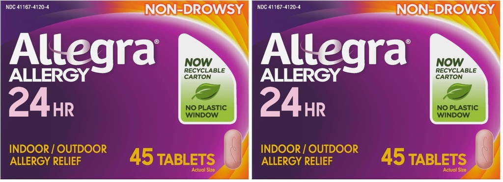 Allegra Adult 24-Hour Allergy Relief Tablets, Non-Drowsy Indoor and Outdoor Allergy Medicine, 180 mg Fexofenadine HCI Antihistamine Pill, 45-Count,(Pack of 2)