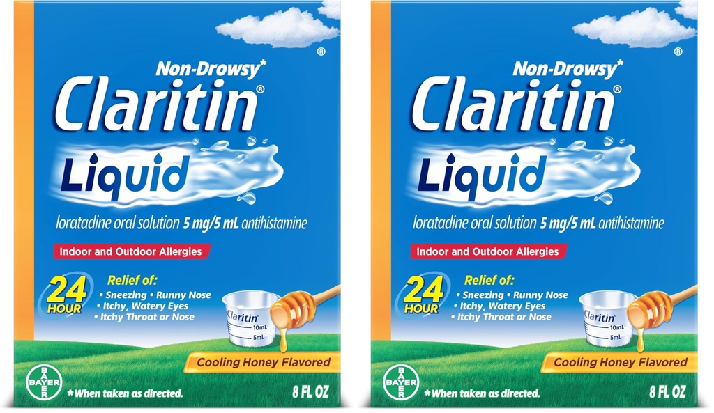 Claritin® Liquid, Allergy Medicine for Adults, 24-Hour Non-Drowsy Loratadine 5mg, Antihistamine, Cooling Honey Flavored, 8 fl. oz (Pack of 2)