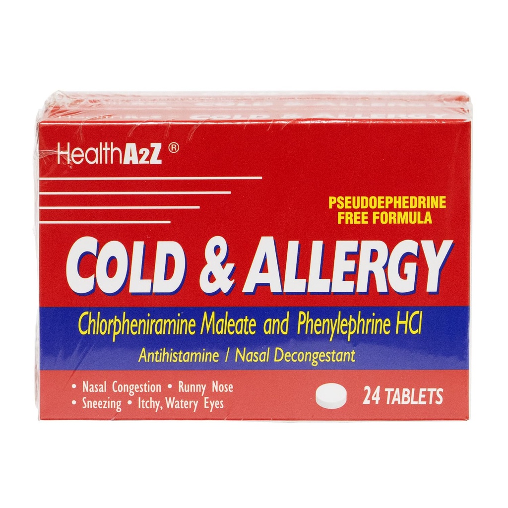 HealthA2Z Cold & Allergy Relief, Chlorpheniramine Maleate & Phenylephrine HCL, Dye Free, 24 Tablets x 3pack (72 Tablets)
