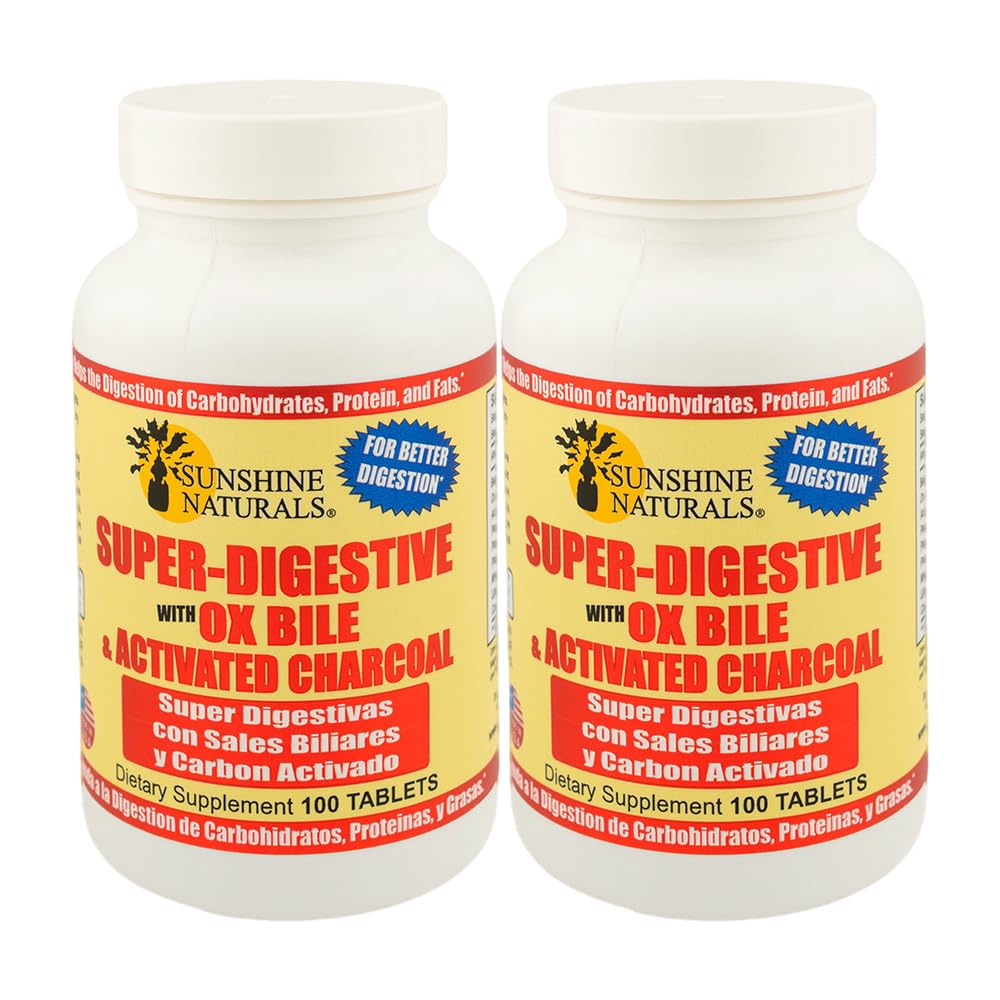 Sunshine Naturals Super Digestive Supplement. Ox Bile & Activated Charcoal for Digestive Support, Bloating Relief, Gut Cleanse, Nutrient Absorption, and Overall Wellness. 100 Tablets. Pack of 2