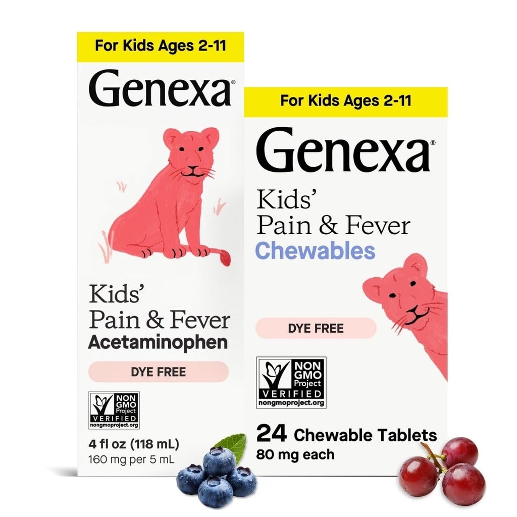 Genexa Kids' Clean Pain & Fever Acetaminophen Bundle | Relieves Fever & Minor Aches and Pain | Dye Free, 0% Artificial Additives | Chewable Tablets & Liquid Oral Suspension for Children Aged 2-11