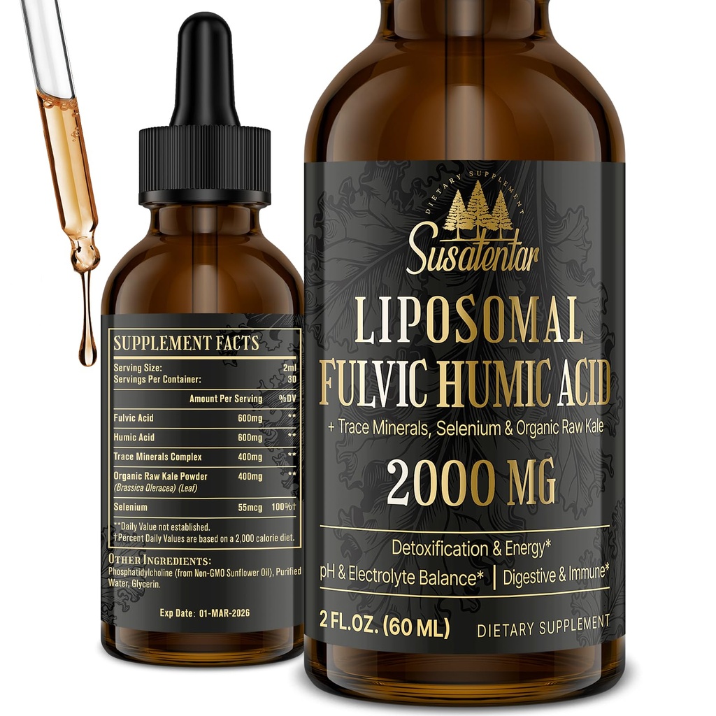 2000 MG Liposomal Fulvic Acid + Humic Acid + Trace Minerals Complex - More Potent Than Shilajit, Electrolytes Liquid Supplement with Organic Kale for Energy, Digestion, Immunity & pH Balance, 2 Oz