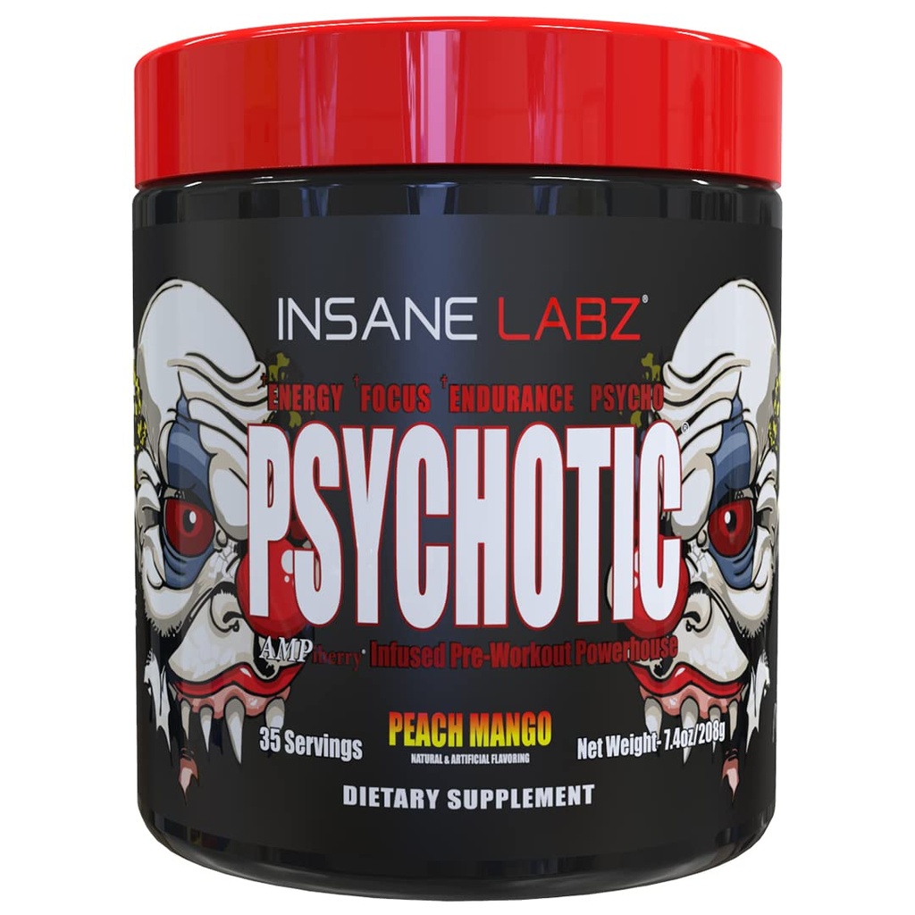 Insane Labz Psychotic, High Stimulant Pre Workout Powder, Extreme Lasting Energy, Focus and Endurance with Beta Alanine, Creatine Monohydrate DMAE, 35 Srvgs (Peach Mango)