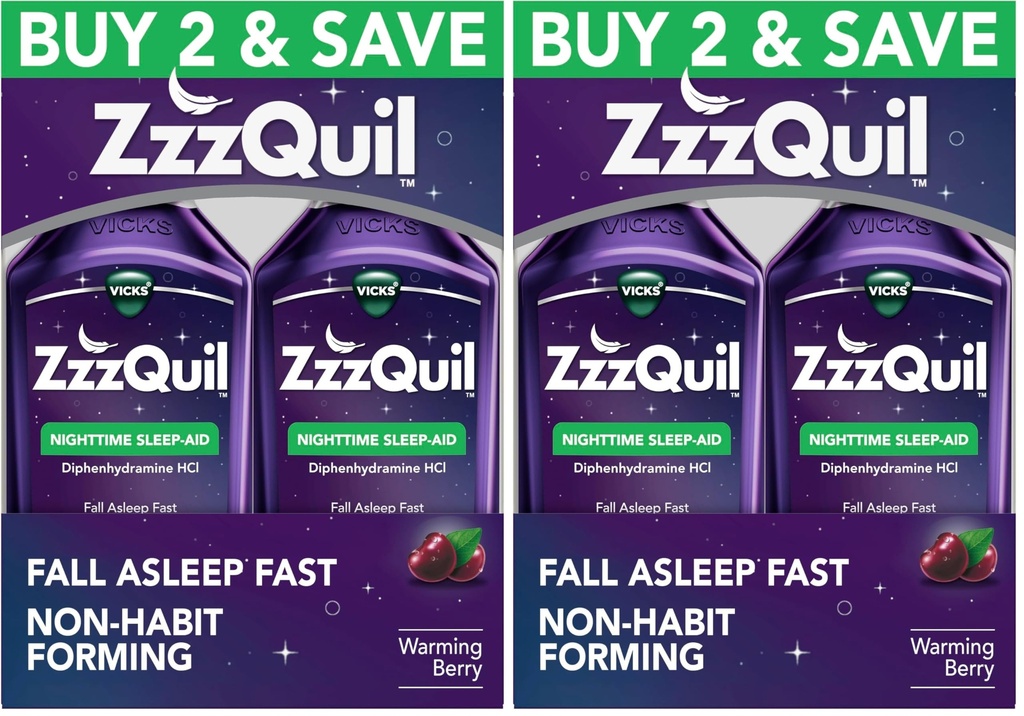 ZzzQuil, Sleep Aid, Nighttime Sleep Aid Liquid, 50 mg Diphenhydramine HCl, Fall Asleep Fast, Non-Habit Forming, Warming Berry Flavor, 12 FL OZ (Pack of 4)