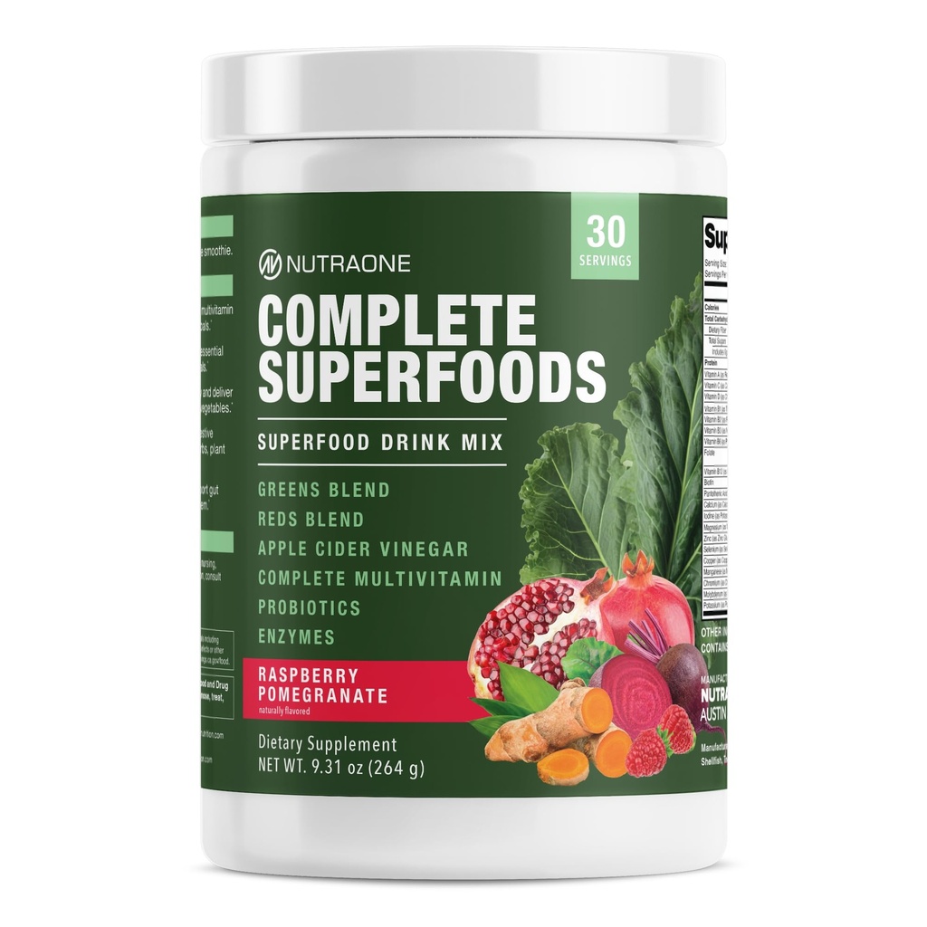 Complete Superfoods, Greens & Reds Blend*, Apple Cider Vinegar, Digestive Enzyme Blend*, Probiotic Blend*, Multivitamin* (Raspberry Pomegranate - 30 Servings)