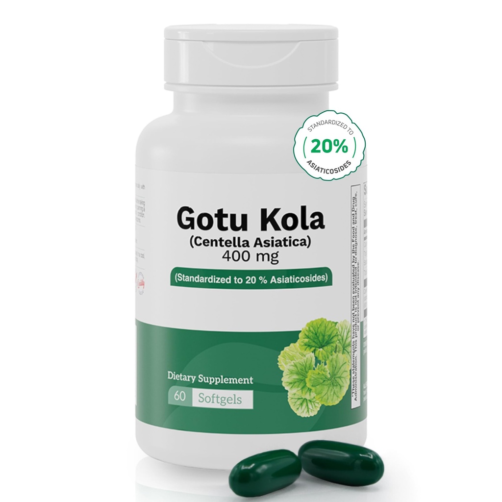 Gotu Kola 400 mg (Centella Asiatica) – Standardized to 20% Asiaticosides – Supports Circulation, Cognitive Function & Skin Health – 60 Softgels