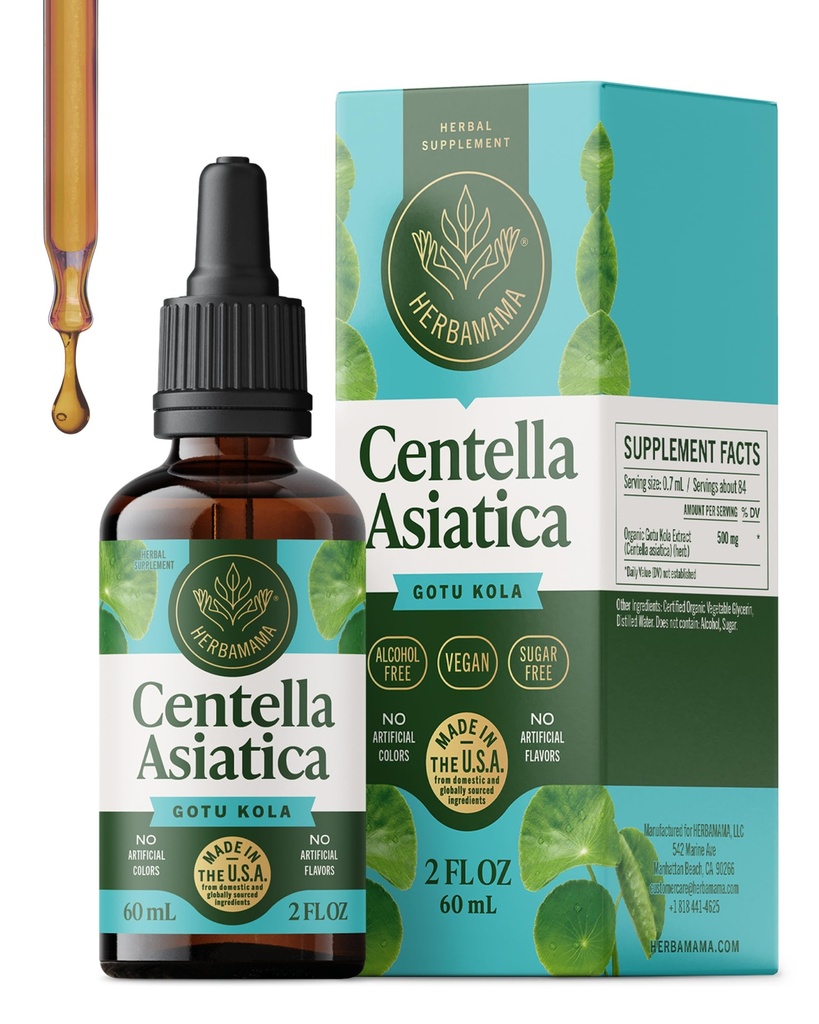 HERBAMAMA Gotu Kola Tincture - Vegan Brain Support with Centella Asiatica Extract Drops - Non-GMO, Alcohol & Sugar-Free Gotu Kola Extract Supplement, 42-Day Supply