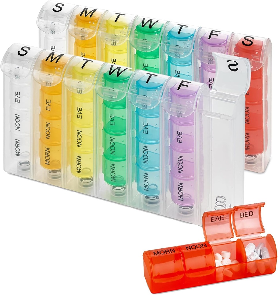 Weekly Pill Organizer - (Pack of 2) Pill Planners for Pills ' Vitamins each Day Week, Four Times-a-Day Medication Reminder, easy to Read AM/PM Compartments Monday to Sunday for Travel " Purse