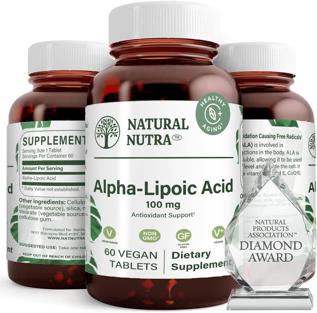 Looduslik Nutra R-Alpha lipohape, parandada luude ja südame tervist, parandada mälu funktsiooni, parandada närvifunktsiooni aitab kaasa üldisele tervisele, gluteenivaba 100 mg, 60 vegan ja taimetoitlane tablett.