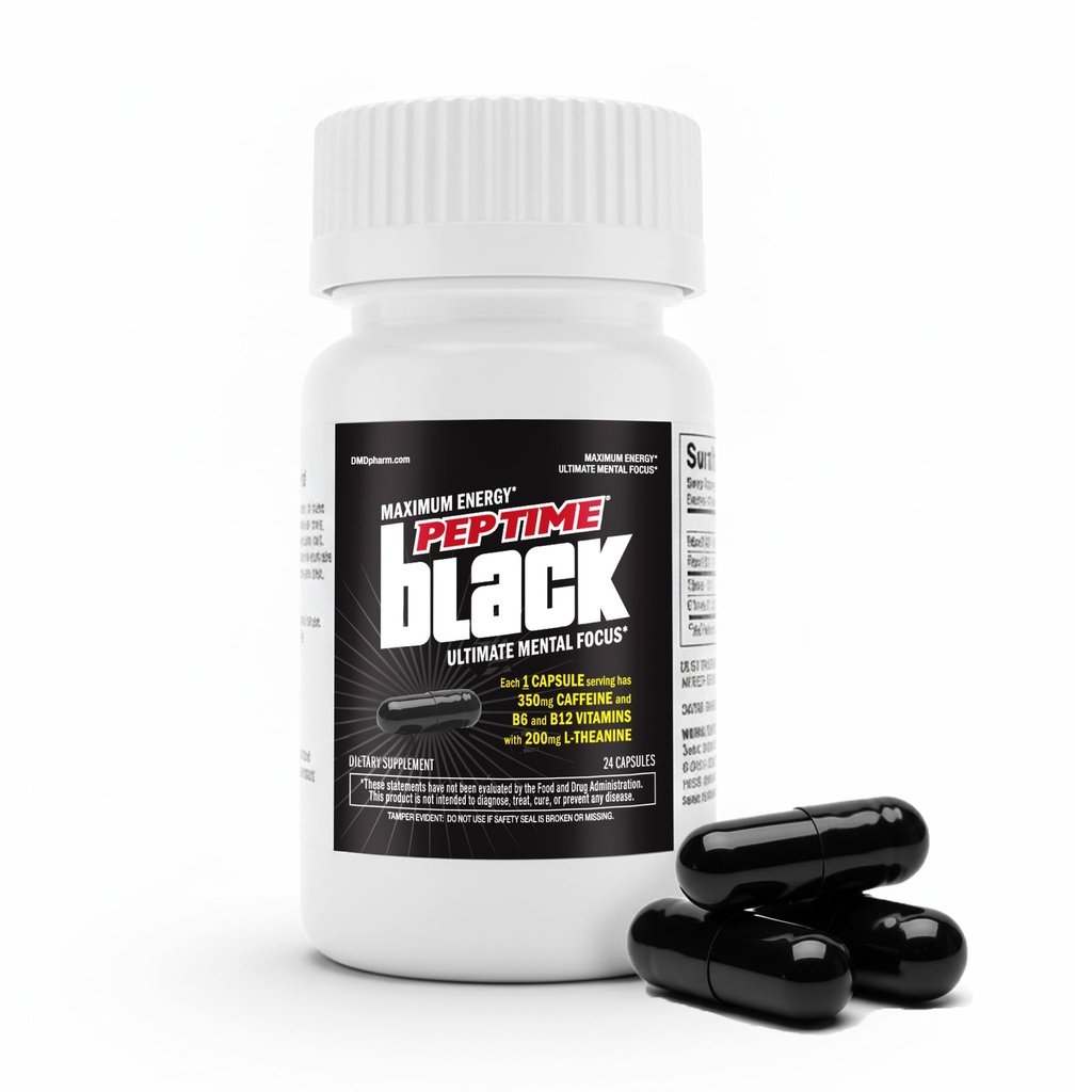 Caffeine Pills with L-Theanine - Peptime Black Energy Supplements for Maximum Performance - 350mg Caffeine & 200mg L-Theanine Energy Pills - Zero Sugar, Zero Calories, Zero Crash
