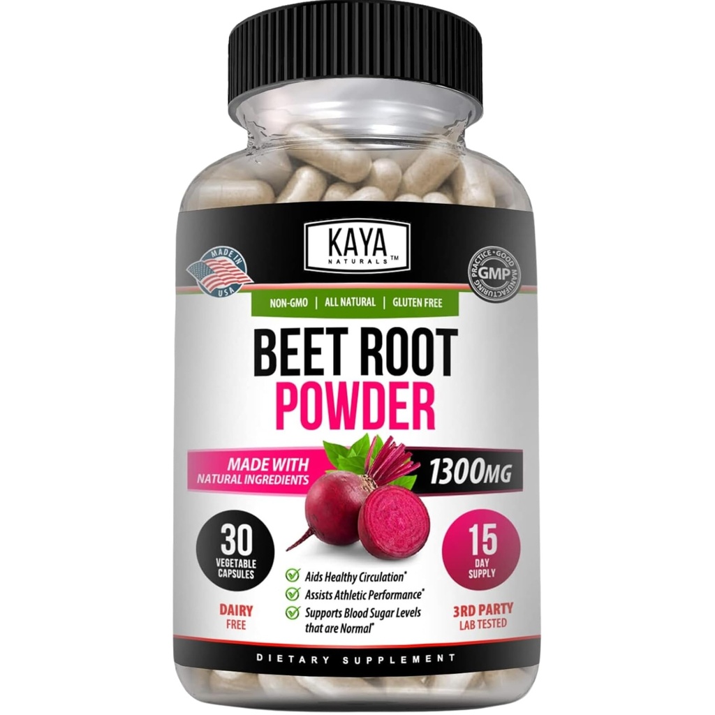 Kaya Naturals Premium Organic Beet Root Powder - Beet Root Extract, Non-GMO & Gluten-Free, 1300mg Per Serving - 30 Count Veggie Capsules