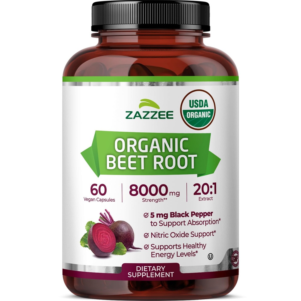 Zazzee USDA Organic Beet Root 20:1 Extract, 60 Vegan Quick Release Capsules, 2 Month Supply, Nitric Oxide Support, Black Pepper Extract for Enhanced Absorption, Certified Kosher, Non-GMO, Made in USA