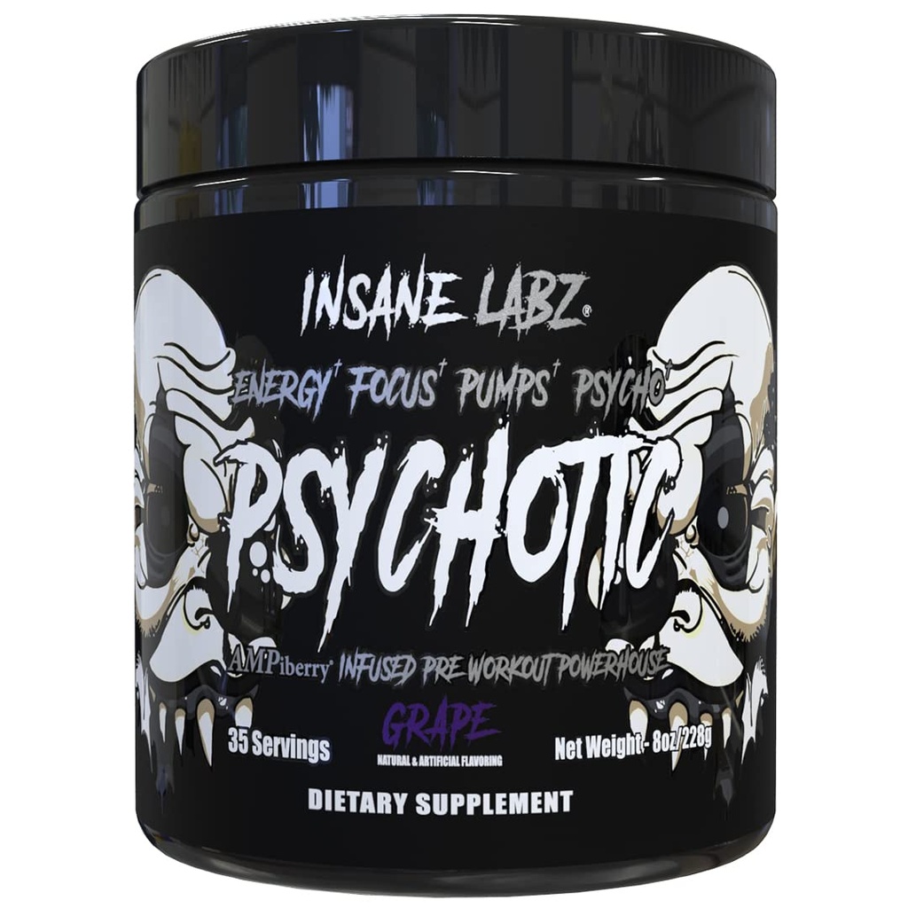 Insane Labz Psychotic Black Edition Mid Stimulant Pre Workout Powder, Energy Focus Pumps, Loaded with Creatine Beta Alanine Taurine Fueled by AMPiberry, 35 Servings (Grape)