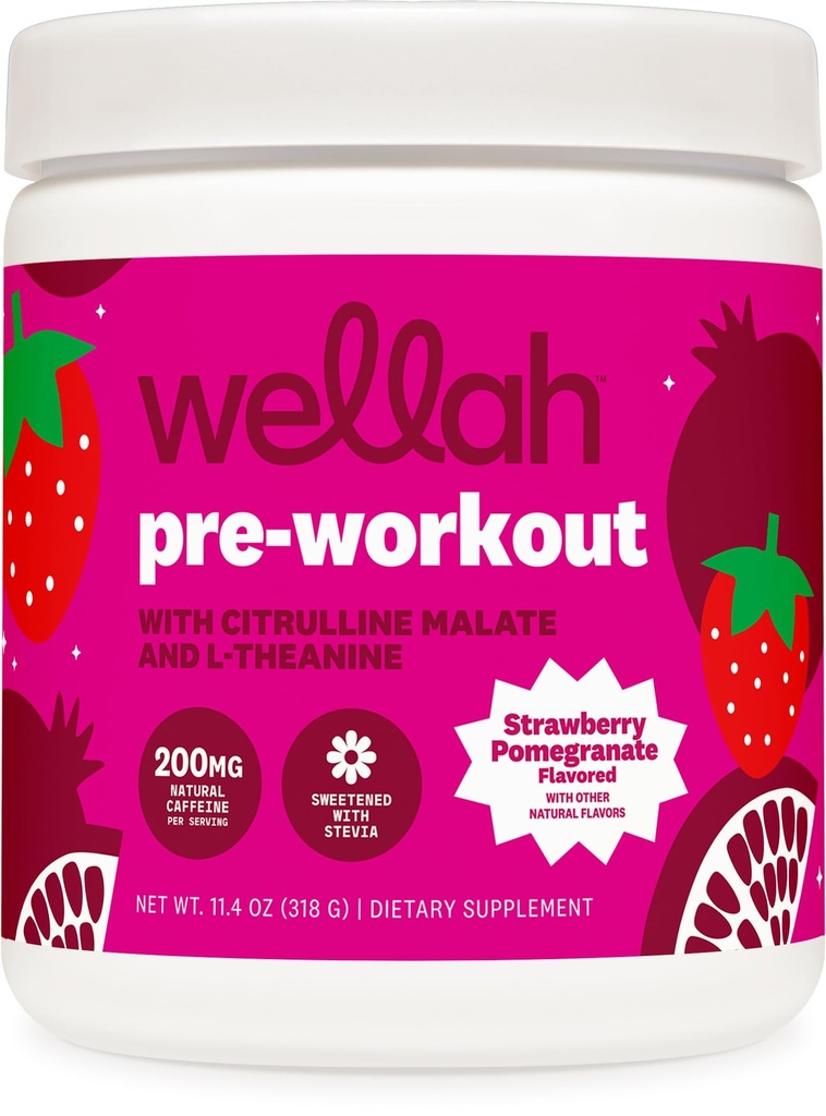 Wellah Pre-Workout Drink Mix (Strawberry Pomegranate Flavored, 30 Servings) - with Citrulline Malate and L-Theanine, 200mg of Natural Caffeine & 1000mg of Beta-Alanine