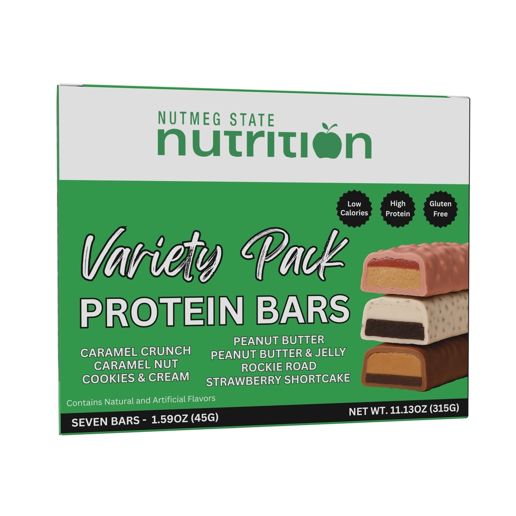 Nutmeg State Nutrition - High Protein Diet Bars, Gluten Free, Low Cholesterol, Low Sodium, Low Sugar, Ideal Protein Compatible, 7 Servings Per Box (Variety)