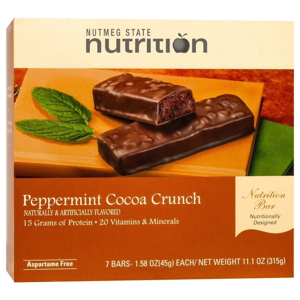 Nutmeg State Nutrition - High Protein Snack Bars, 15g Protein, 160 Calories, Low Sodium, 18g Carbs, 5g Fiber, 7 Servings Per Box (Peppermint Cocoa Crunch)