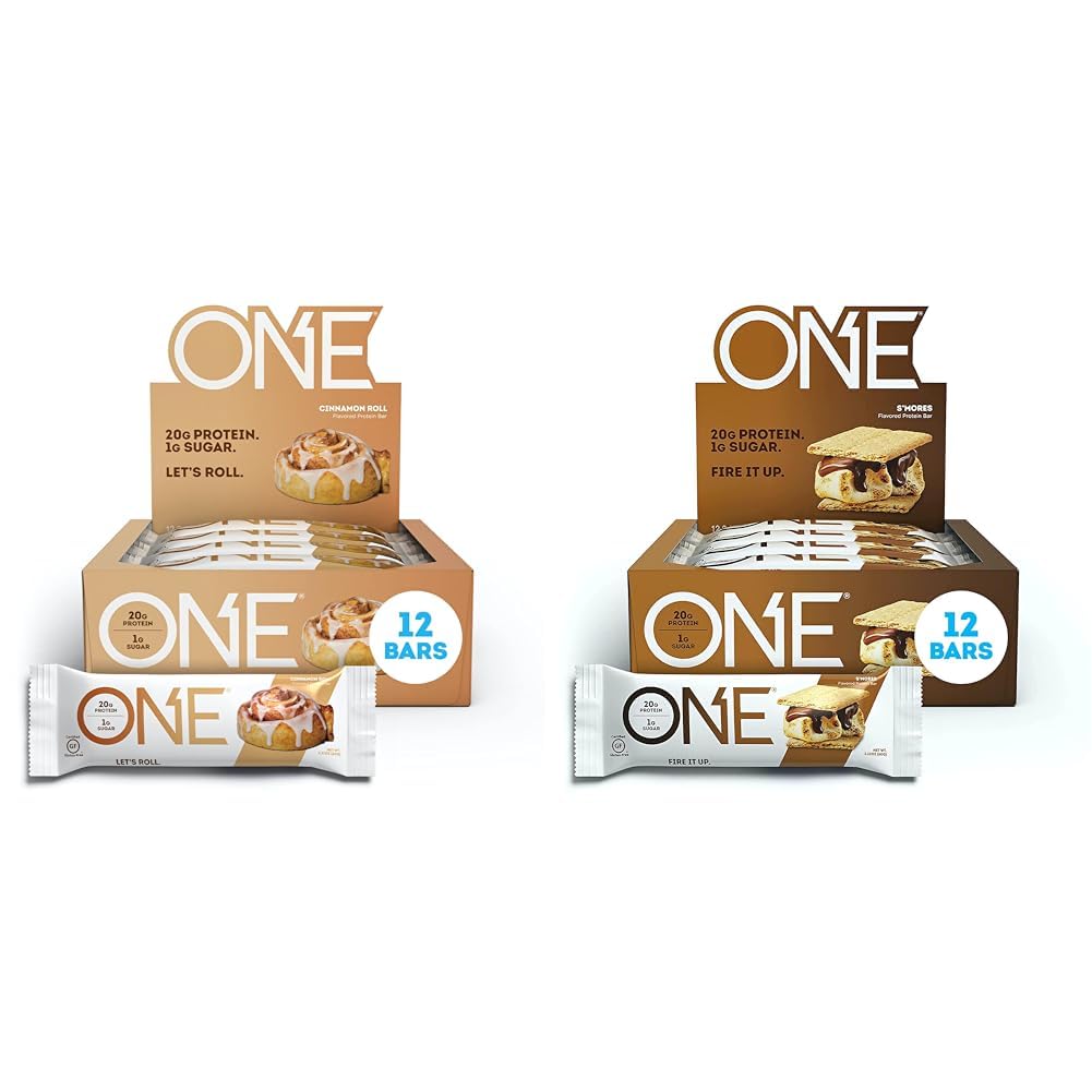 ONE Protein Bars, Cinnamon Roll, Gluten Free Protein Bars with 20g Protein and Only 1g Sugar & Protein Bars, Smores, Gluten Free Protein Bars with 20g Protein and only 1g Sugar