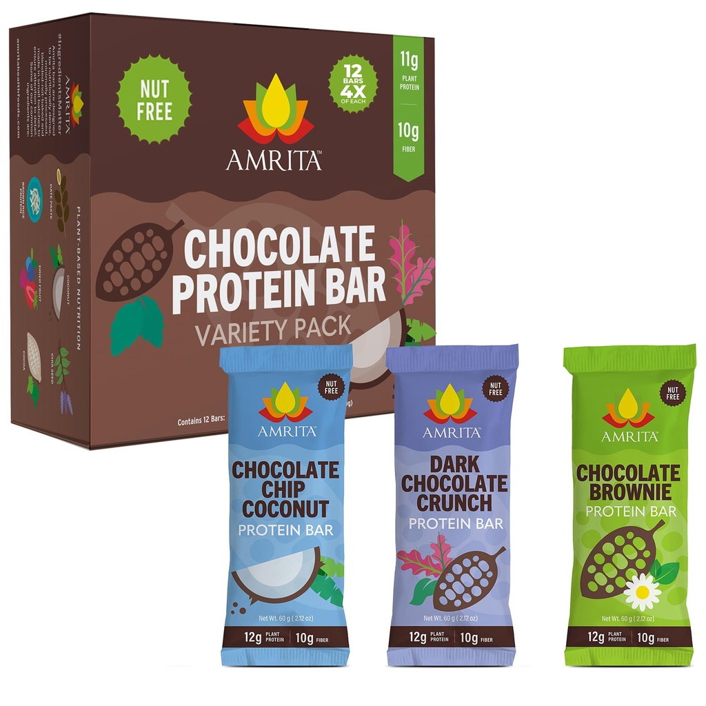 Amrita Nut Free Chocolate Variety Pack Vegan Protein Bars (12 Count) | 12g Plant-Based Protein Bar | Peanut Free, Gluten Free, and Dairy Free | Low Sugar, High Fiber, Healthy School-Safe Snacks