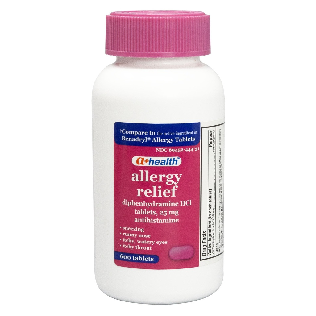 A+Health Allergy Relief Diphenhydramine HCl 25mg Tablets, 600 Count, Antihistamine for Relief of Runny Nose, Sneezing, Watery Eyes, Large Value Size Bottle for Adults and Children 6 Years and Up