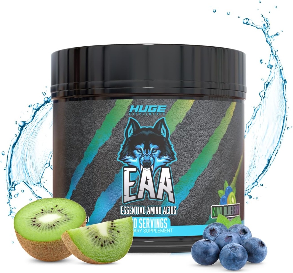 Enorme Suplemento EAA, Maior Dosed Essential Aminoácidos Pó, 12.85g EAAs & 8g BCAAs por serviço, Maximizar o crescimento muscular, Recuperação e Desempenho (Kiwi Blueberry, 17.73 Oz.)