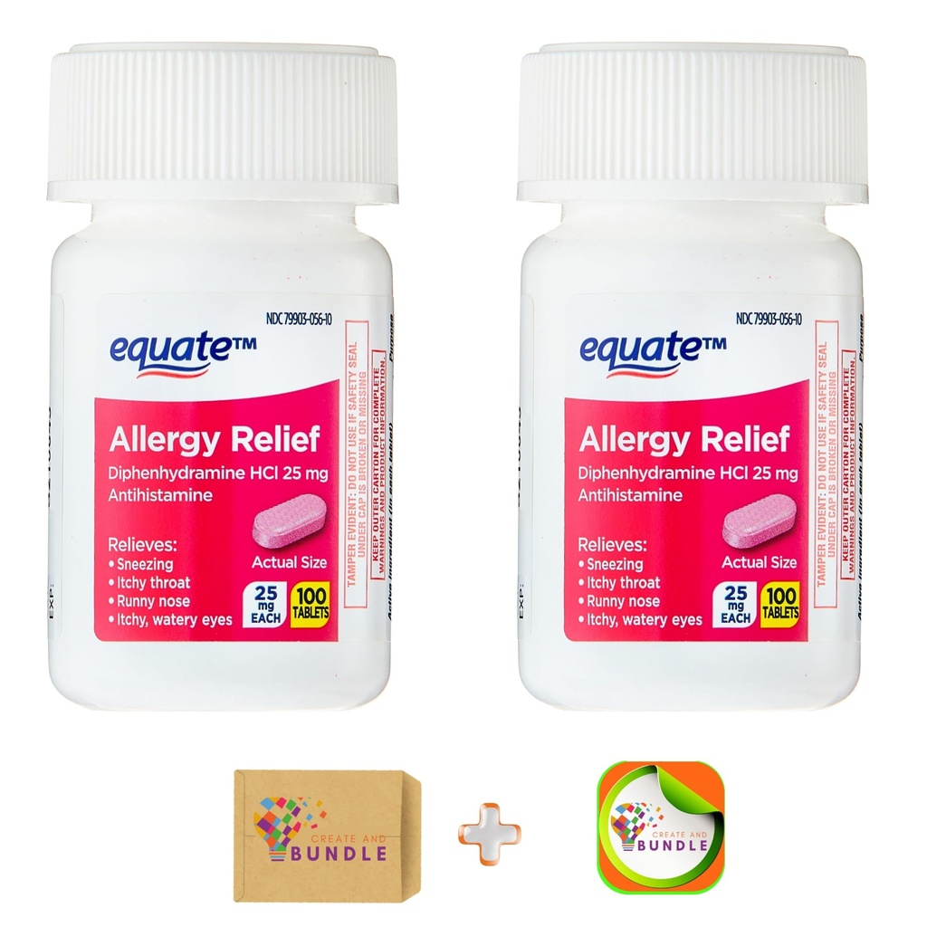 Equate Allergy Relief 25 mg, 100ct Tablets (Pack 2) + Createandbundle Sticker