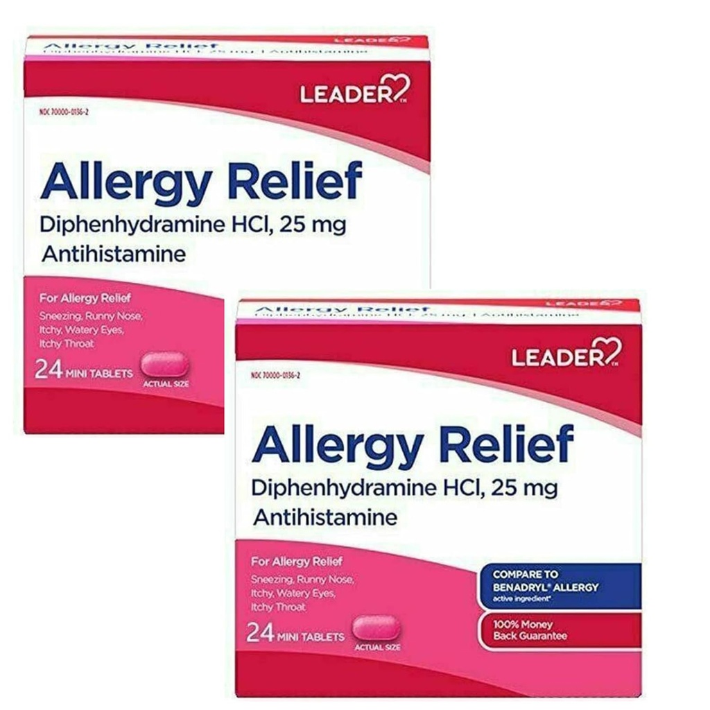 Leader Antihistamine Allergy Relief Diphenhydramine HCl, 25mg Mini Tablets, 24 Count Pack of 2
