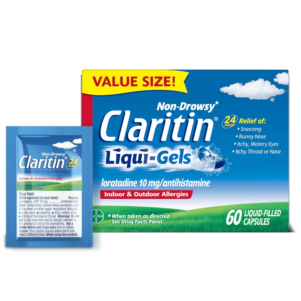 Claritin Allergy Medicine for Adults, 24-Hour Non-Drowsy Loratadine 10mg, Antihistamine, 60 Liquid Gels + 1ct On-The-Go Relief
