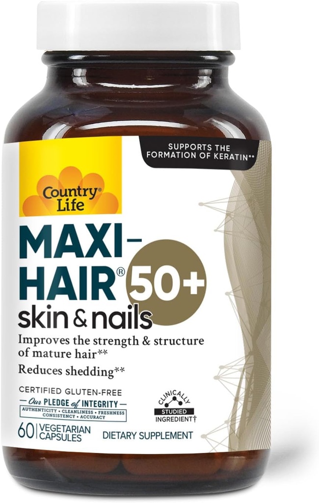 Maxi-Hair 50+ – Biotiinipõhised juuksed, nahk ja küüned naistele ja meestele üle 50 | Toetab tervislikku juuste kasvu ja vähendatud juuste väljalangemist | Sertifitseeritud gluteenivaba & taimetoitlane | 60 kapslit