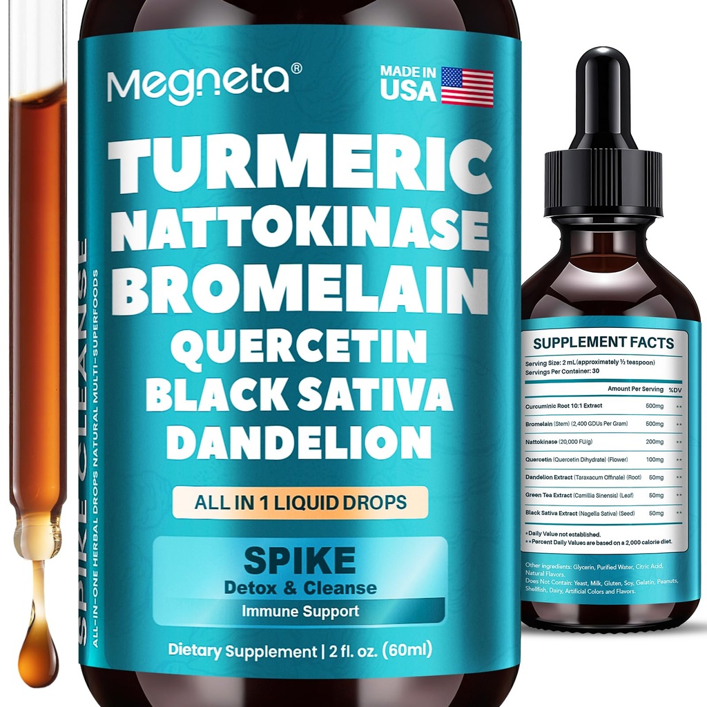 Spike Detox Liquid Drops, Nattokinase 4,000 FU, Bromelain 500mg, Turmeric Curcumin 10:1 Extract 500mg & Quercetin, Enzyme Complex for Heart & Circulatory Support, 2 fl oz