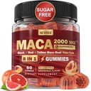 Maca Juur Täidetud Gummies 2000mg Naistele Meestele | Suhkruvaba | Orgaaniline Must, Punane, Kollane Maca Juur Täiendus Kummikommid Ashwagandha Ginseng & Zinc | Vegan, Non-GMO, Greibimaitse, 60 Count