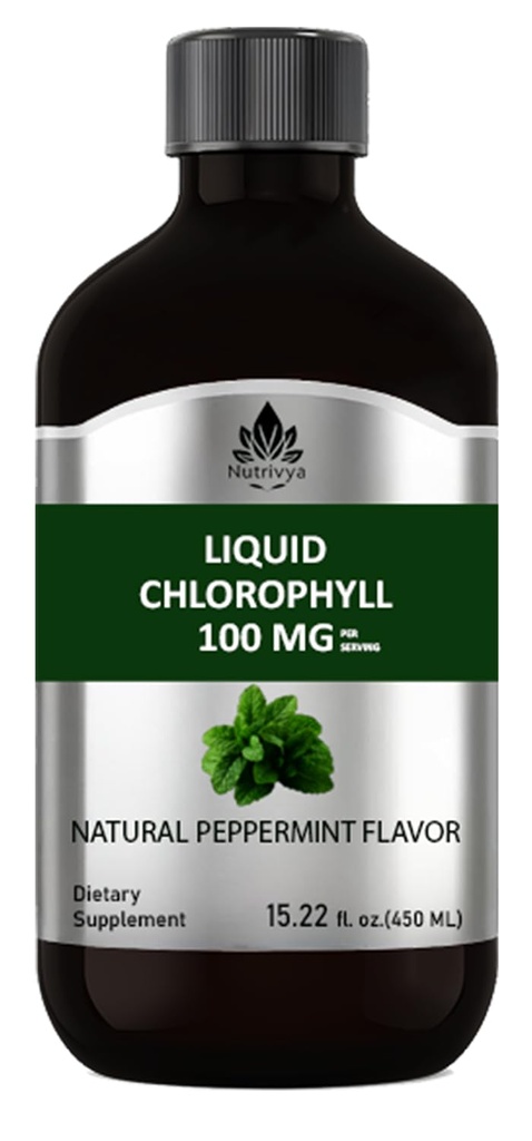 Liquid Chlorophyll 100 MG per Serving, Natural Peppermint Flavor, Chlorophyll Supplement, Non-GMO, Vegan, 15.22 Fl Oz