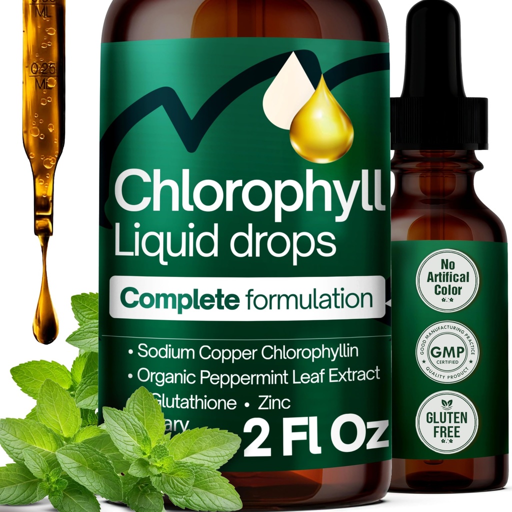 Liquid Chlorophyll Drops 2fl. oz (60ml) – 100mg Chlorophyll per Serving – Formulate with Zinc, L-Glutathione, Peppermint Leaf Extract – 2 fl oz – Vegan & Sugar-Free