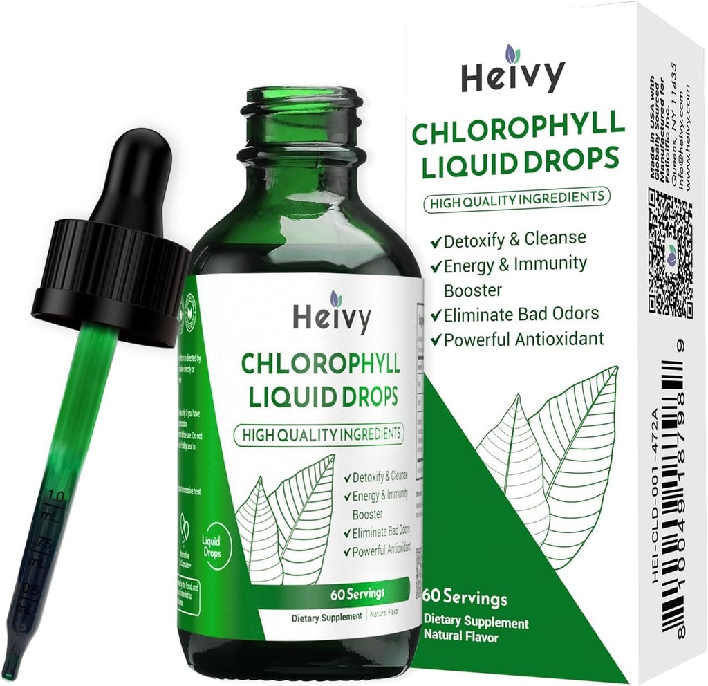 Heivy Chlorophyll Liquid Drops, Internal Deodorizer, Detox & Cleanse, Powerful Antioxidant, Support Overall Health, 100% Natural and Gluten Free, 2 fl oz (60ml)