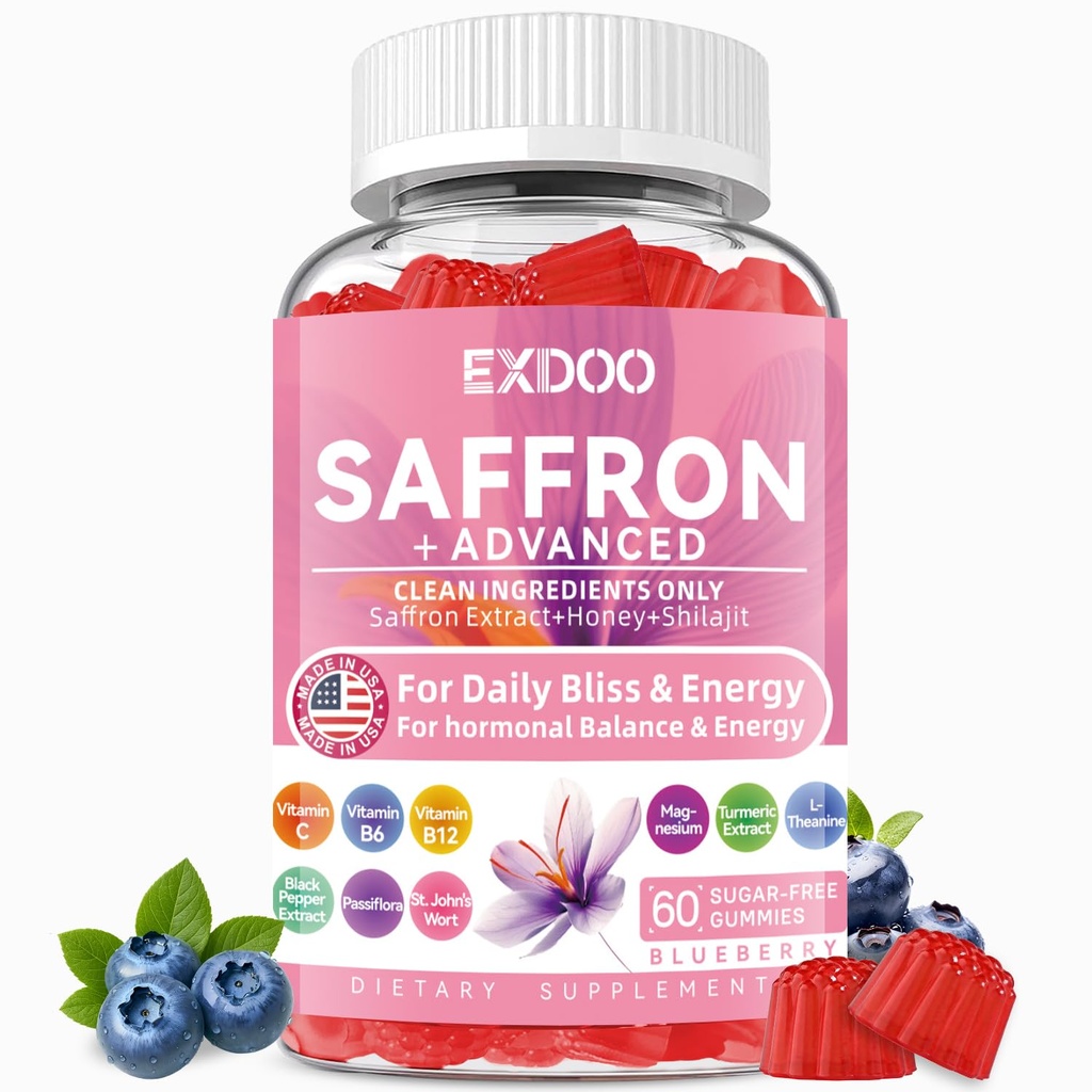 Saffron Gummies for Women & Men | Supplements with Saffron Extract, Shilajit, Magnesium Glycinate, L-Theanine & Passion Flower | Mood & Focus Support | Vegan Berry Flavor | 60 Count