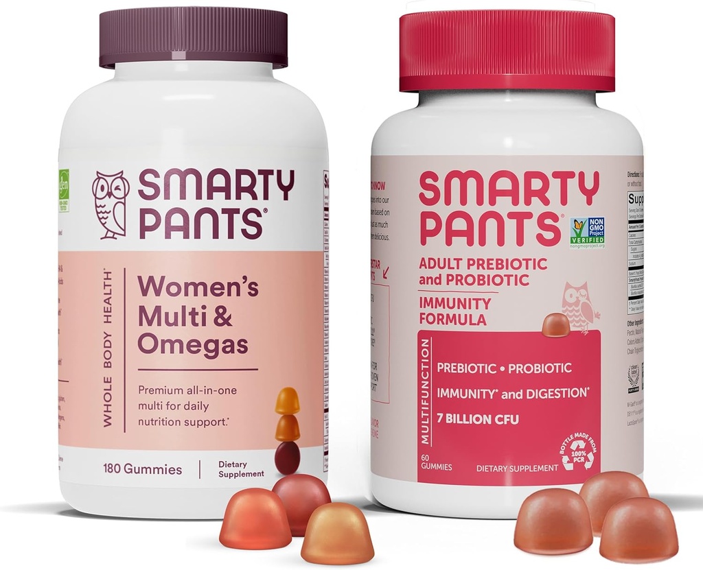 SmartyPants Women's Multivitamin og probiotiske immunisme Bundle: Omega 3 Fish Oil (EPA / DHA), Metylfolat, CoQ10, vitamin D3, C, Digestiv og immun støtte Supplement (30 dagers forsyning)