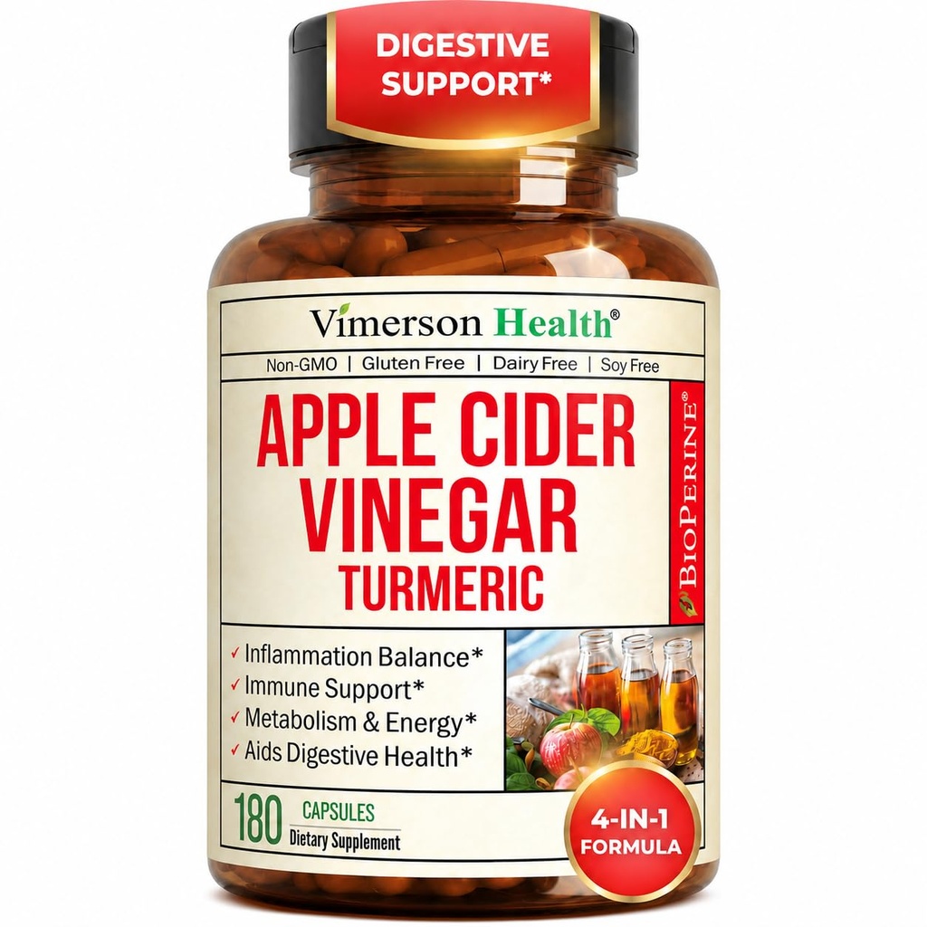 Organic Apple Cider Vinegar Capsules – Turmeric and Apple Cider Vinegar, Ginger Root + Bioperine for Max Absorption – Aids Metabolism, Energy & Inflammation Balance – Tumeric ACV Capsules - 180 Count