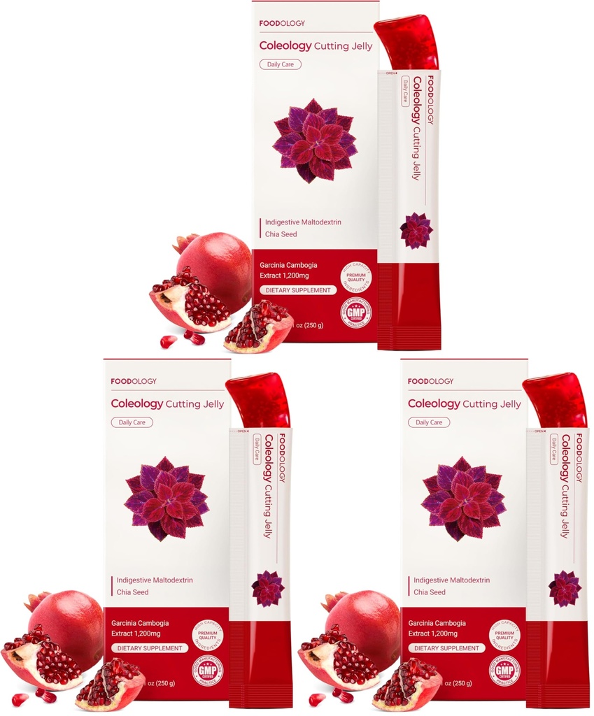 FOODOLOGY Coleology Cutting Stick Jelly (Pomegranate) – Dietary Fiber Supplement for Healthy Weight Management, Chia Seeds & Garcinia Cambogia, Korean Beauty with Collagen – 10 Sticks (Pack of 3)