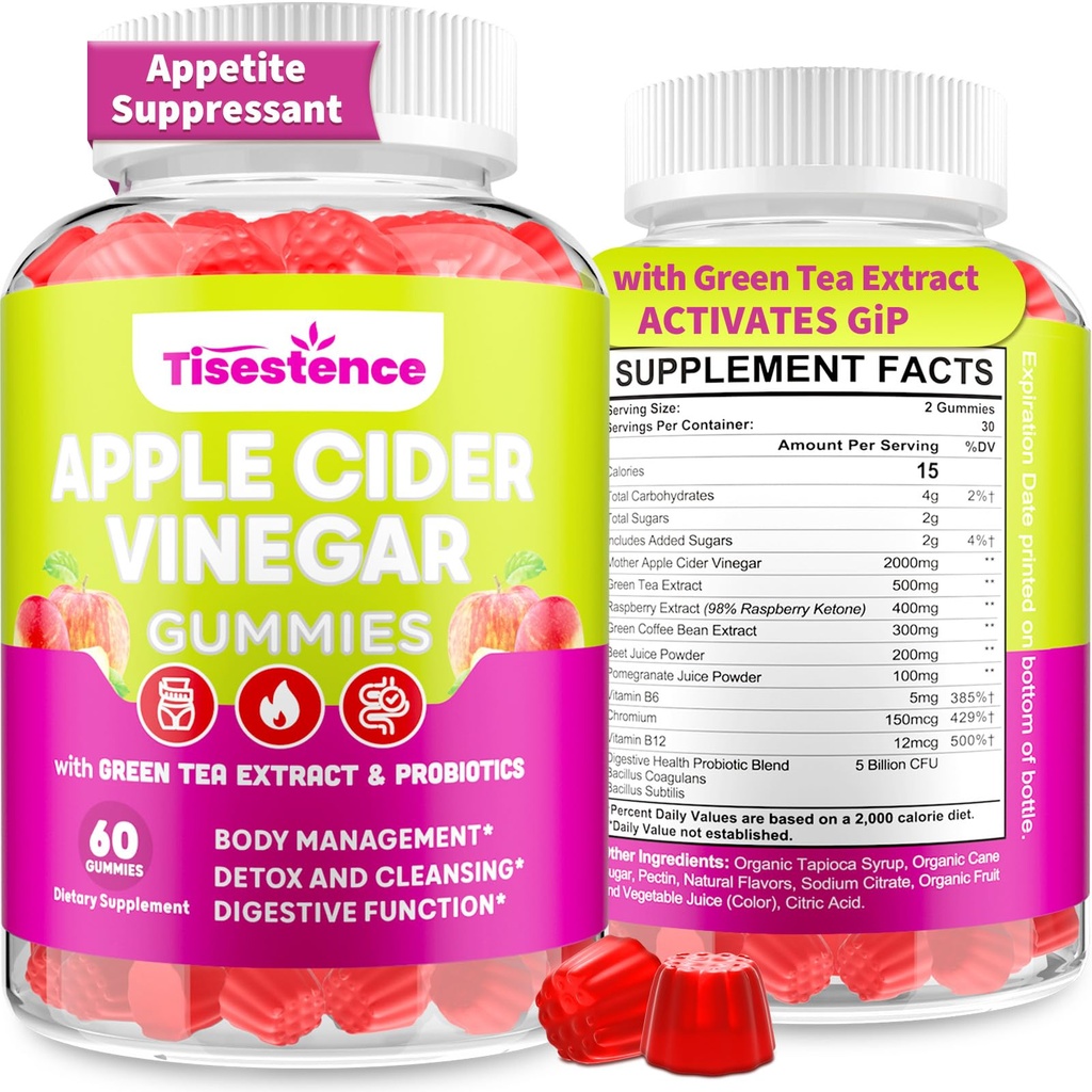 Appetite Suppressant Supplement| Akkermansia Function| Apple Cider Vinegar Gummies with Green Tea Extract, Probiotic for Fat Burner, Detox Cleanse, Metabolism, Energy & Digestive Health, 60 Gummies
