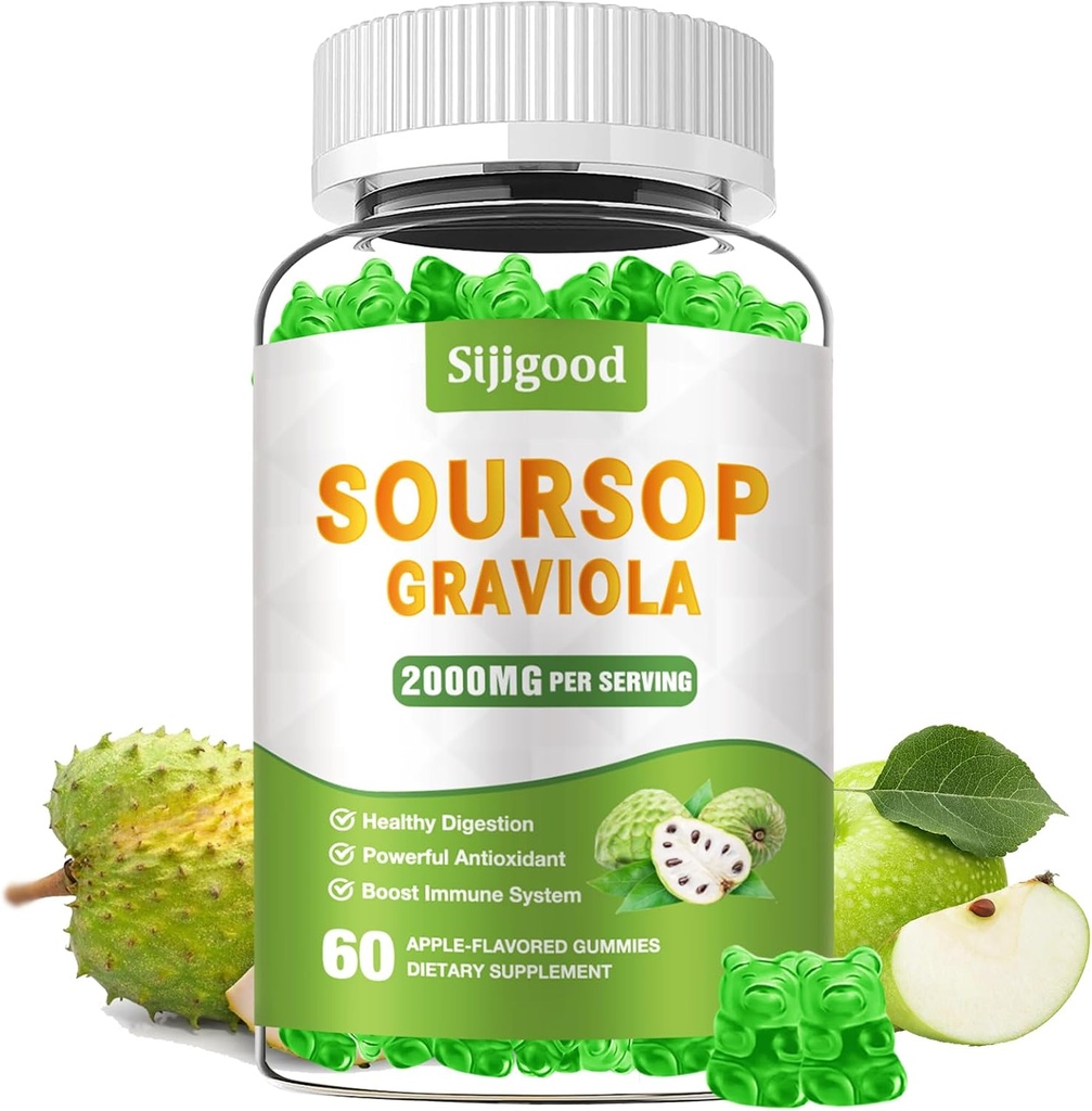 Azúcar Free Soursop Graviola Gummies - Organic Soursop Leaves & Fruit Extract - Ayuda Digestiva, Soporte Inmunitario &amp; Propiedades Antioxidantes - 60 Apple saboreado Gummies