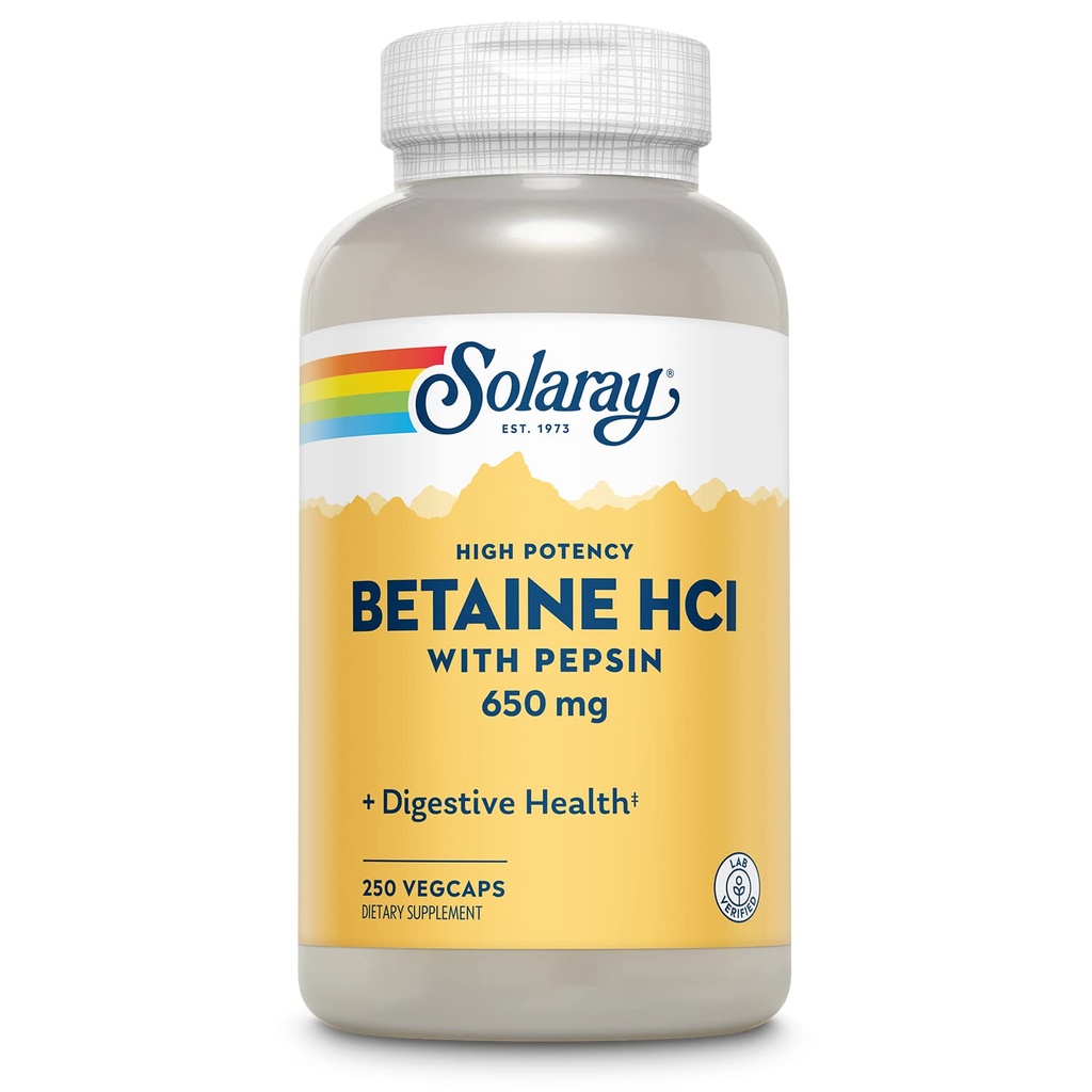SOLARAY Betaine HCL with Pepsin - High Potency Hydrochloric Acid Formula - Digestive Health Supplement with Digestive Enzymes for Gut Health Support - 60-Day Guarantee, 250 Servings, 250 VegCaps