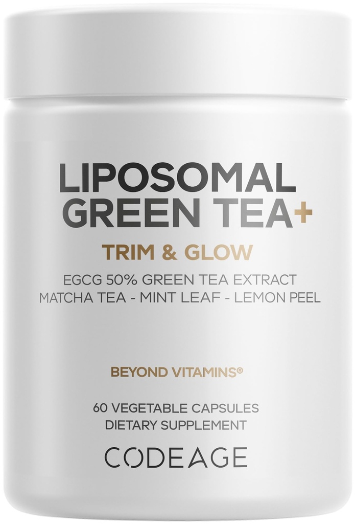 Codeage Liposomal Green Tea+ EGCG 50% Green Tea Extract, Organic Matcha Green Powder, Peppermint Leaf, Lemon Peel, Liposomal Delivery - Vegan Pils Supplement - Non-GMO - 60 Capsules