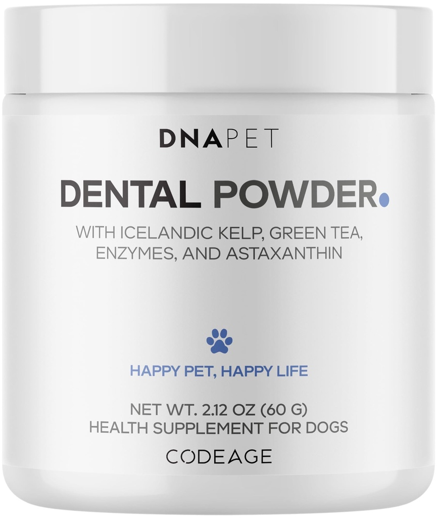 DNA PET Dental Powder for Dogs – Canine Oral Care Supplement with Icelandic Kelp, Decaffeinated Green Tea, Enzyme Blend & Astaxanthin – Teeth, Mouth & Breath Powder for Dogs - Mint Flavour - 2.12 Oz