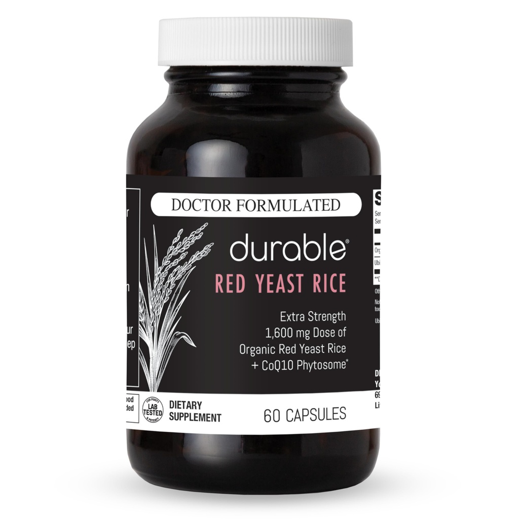 Durable RED Yeast Rice – Organic 1,600 mg Extra Strength + CoQ10 Phytosome – Supports Healthy Cholesterol, Heart, Lipids & Circulation – Doctor Formulated, Non-GMO, Vegan, Made in USA (60 Capsules).