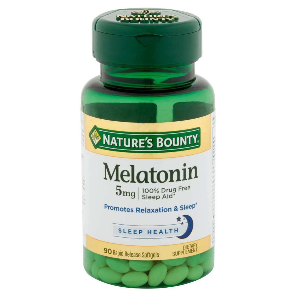 Melatonin by Nature's Bounty, 100% Drug Free Sleep Aid, Dietary Supplement, Promotes Relaxation and Sleep Health, 5mg, 90 Rapid Release Softgels