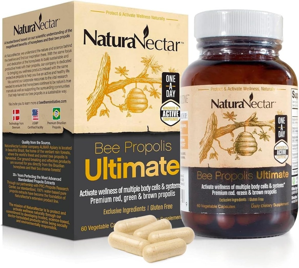 NaturaNectar - Ultimate Bee Propolis Capsules - NSF Contents Certified -Brazilian Red, Brown, & Green - Gluten-Free Supplement with Flavonoids - Naturally Sourced Through Ethical Beekeeping (60pcs).