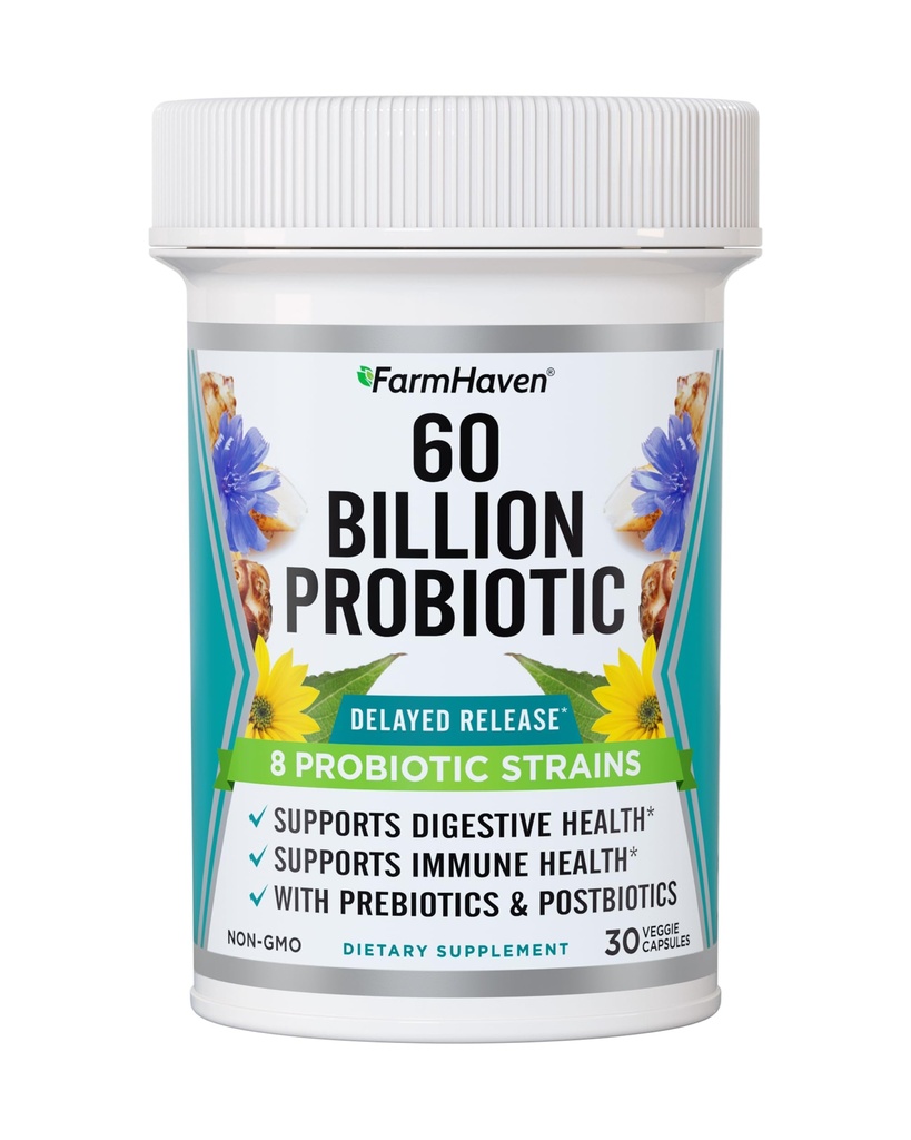 FarmHaven 60 Billion CFU Probiotic - 8 Probiotic Strains - Prebiotics & Postbiotics - Supports Digestive & Immune Health - Delayed Release - Shelf Stable - Non-GMO, Gluten Free - 30 Caps