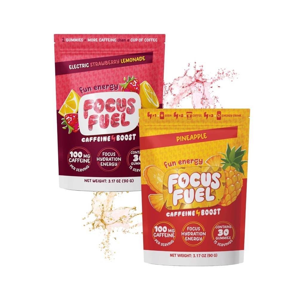 FocusFuel Energy Chews Variety Pack – Pineapple & Strawberry Lemonade (2-Pack, 30 Servings Total) – 100mg Natural Caffeine + Nootropics – Zesty, Fruity Focus