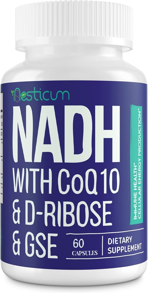 NADH 50mg + CoQ10 200mg + D-Ribose 150mg Suplemento, Boosting NAD+ Suplementos para Sistema Inmunitario, Energía Celular, Focus, Dinucleótido de adenina de Nicotinamida reducida, 60 cápsulas de verduras